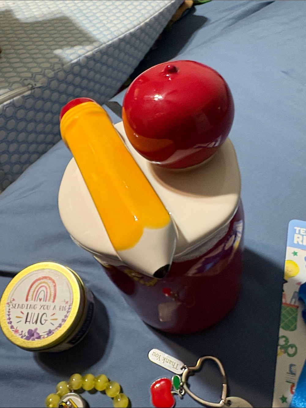 Teacher bundle has Ceramic Apple/yellow Pencil Lid on a cup, candle and jewelry - Picture 6 of 15